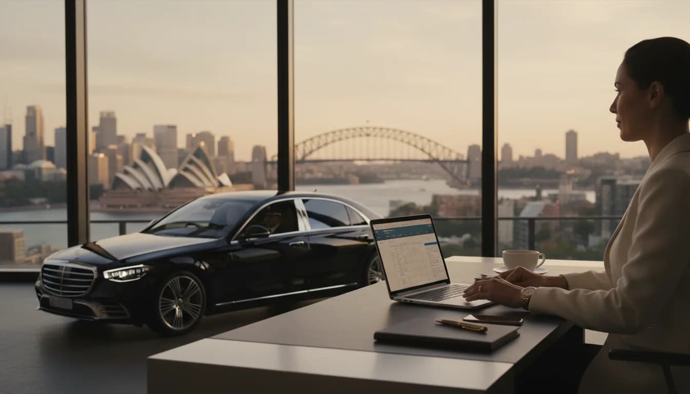 Executive in a luxury chauffeur sedan on a Sydney CBD street