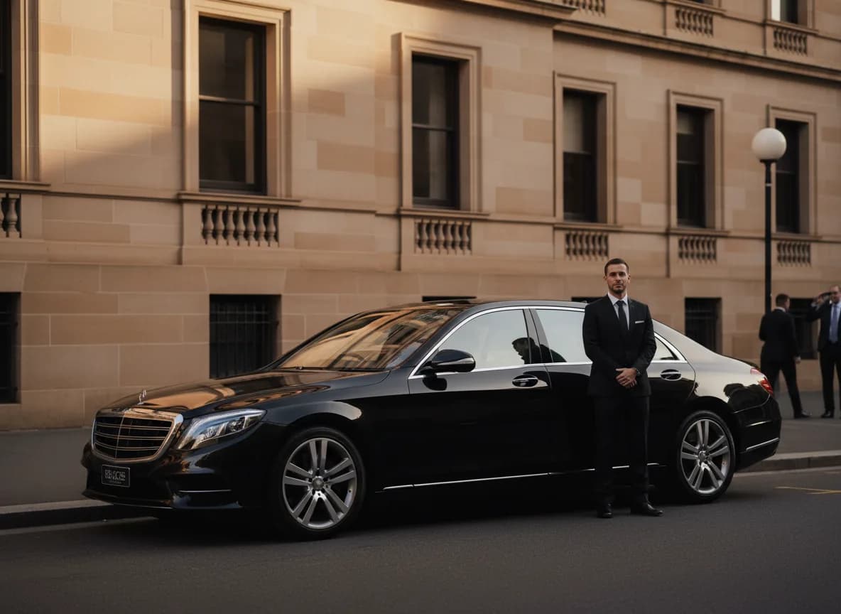 Chauffeur beside a luxury sedan outside a sandstone civic building in Sydney
