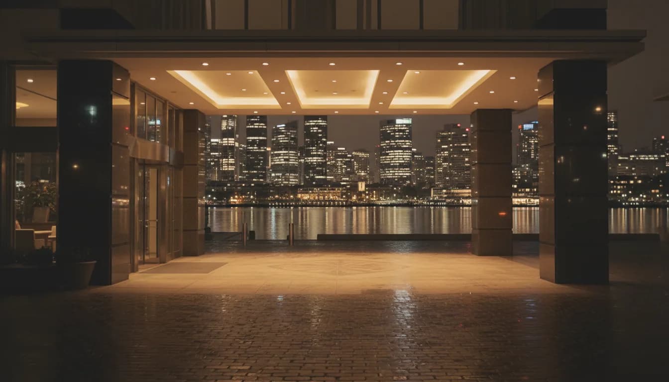 Grand hotel portico with harbour city lights at night
