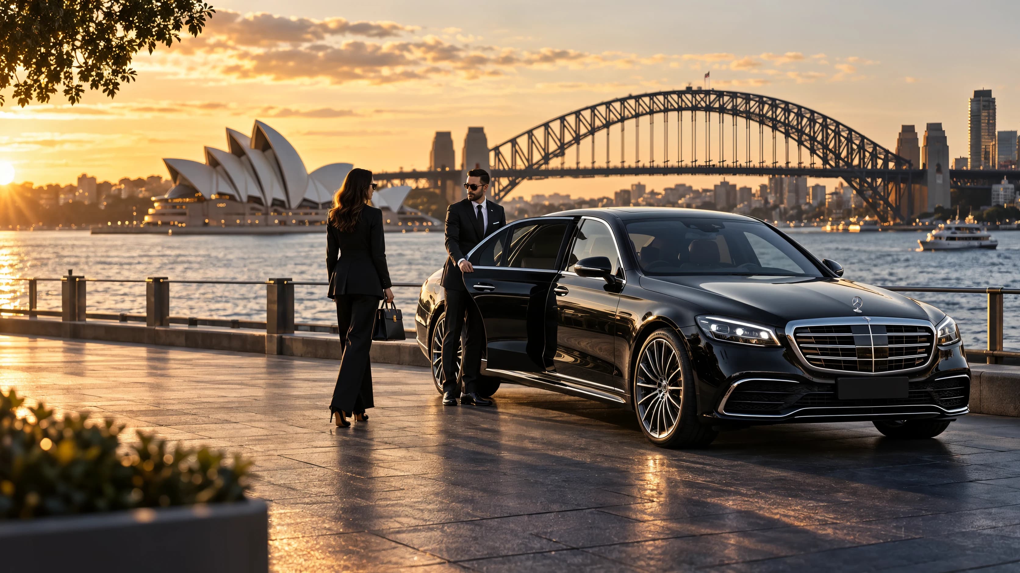 Chauffeur opening the door of a black luxury Mercedes sedan for a passenger by Sydney Harbour, with the Opera House and Harbour Bridge at sunset