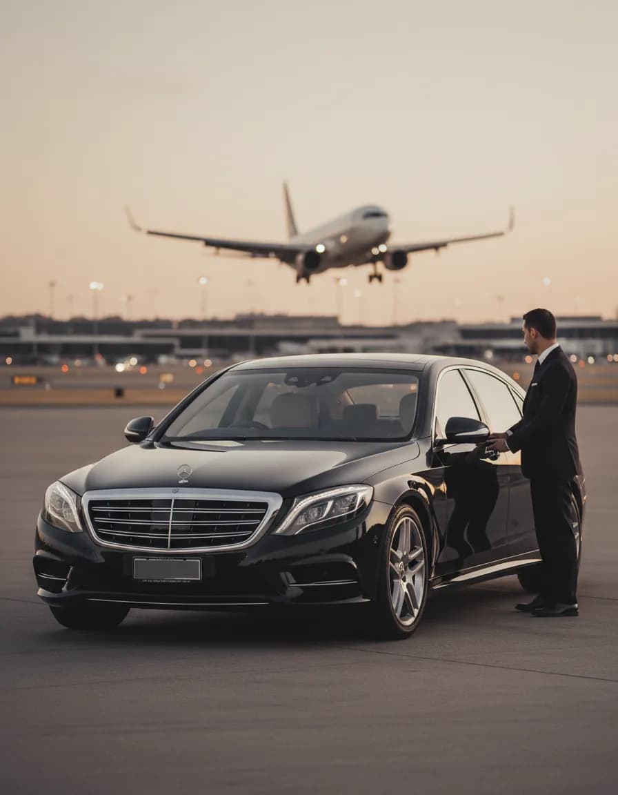 Black luxury chauffeur sedan at Sydney Airport with a jet landing at dusk