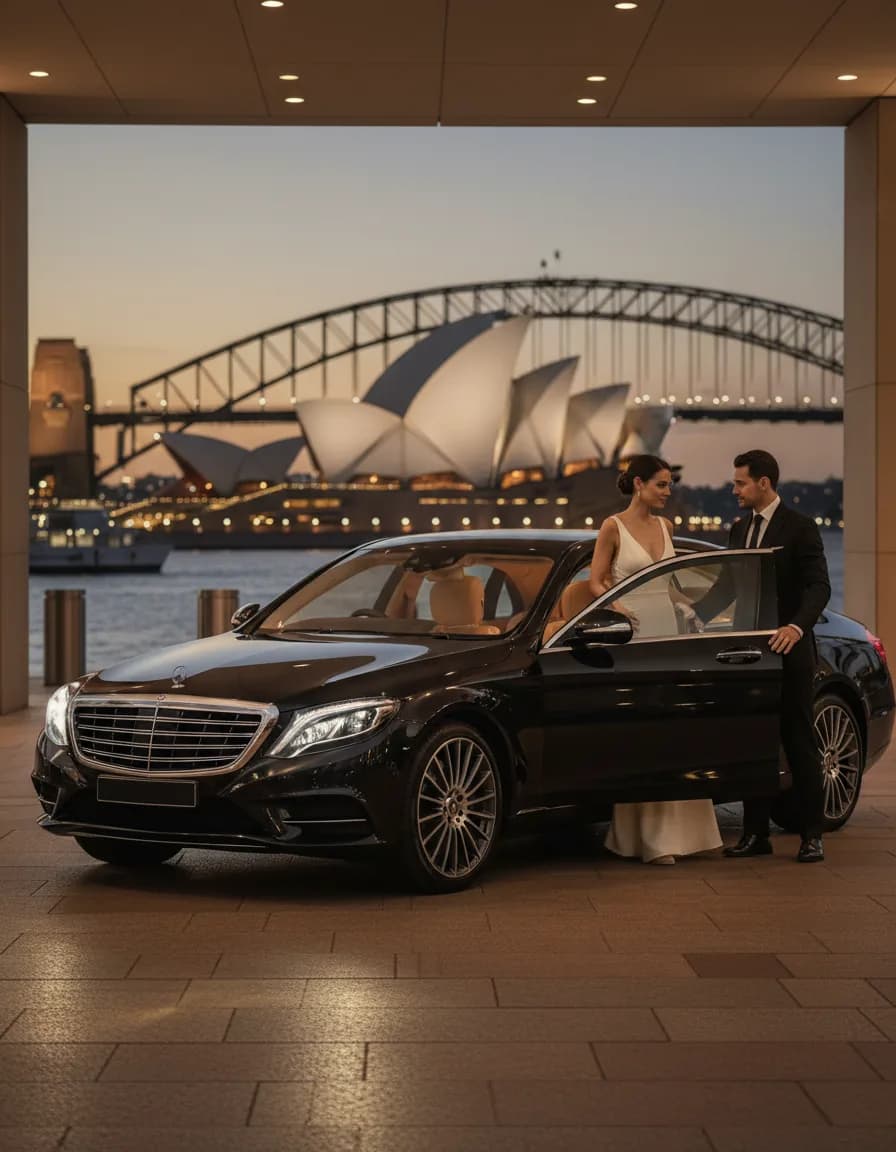 Well-dressed couple in the rear of a luxury car arriving at a Sydney event