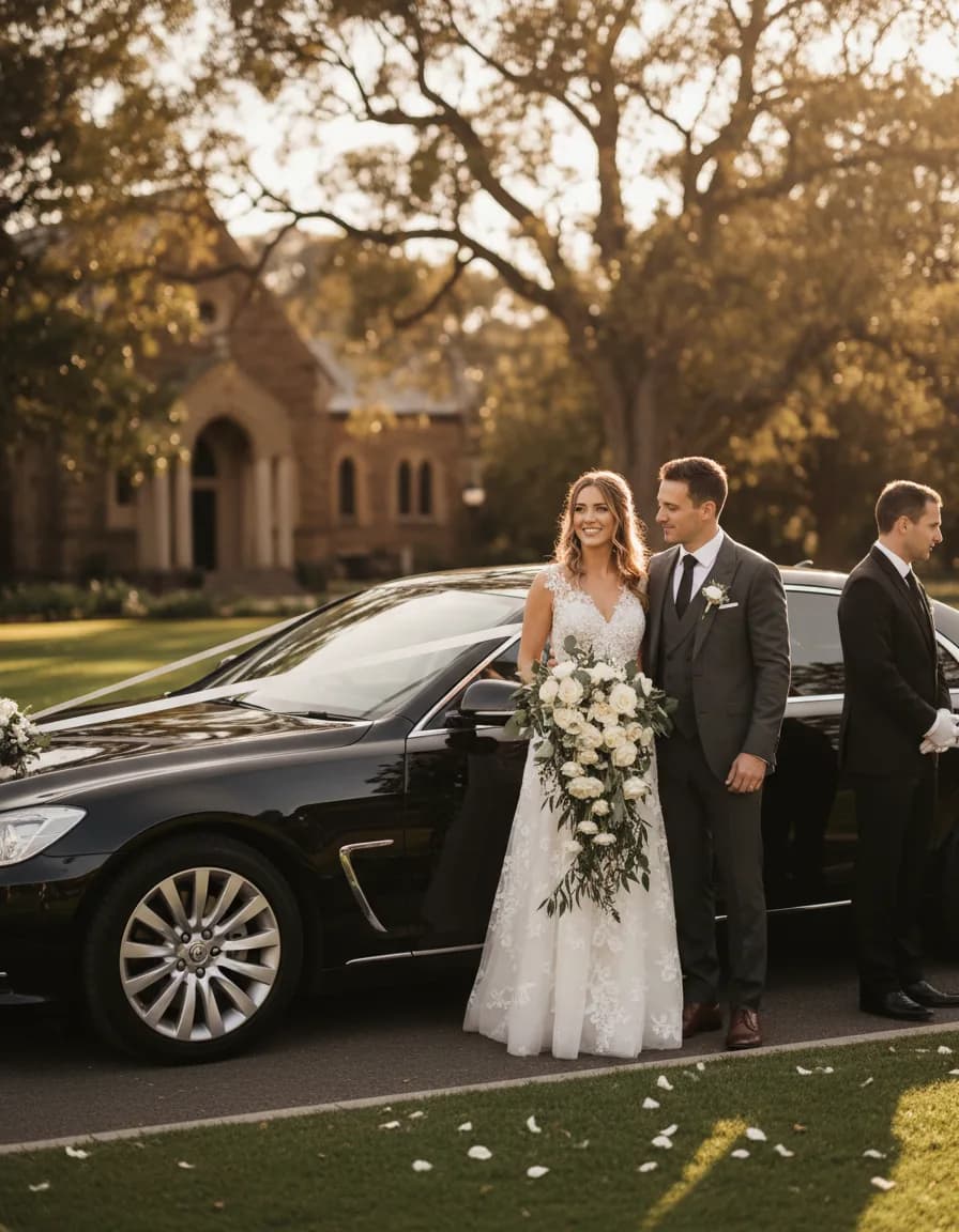 Bride beside a black luxury wedding car with the chauffeur holding the door