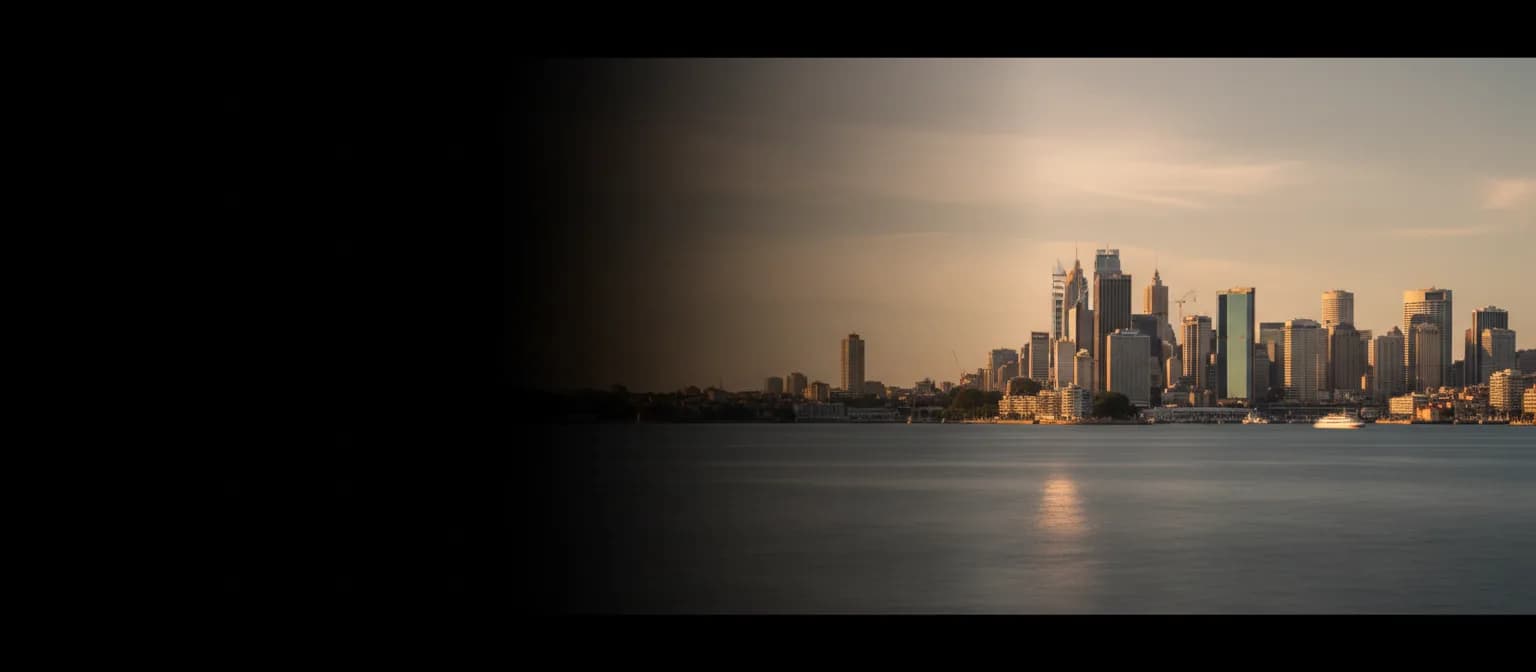 Sydney Harbour skyline with the Harbour Bridge at golden hour