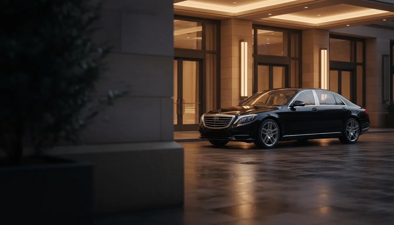 Black luxury chauffeur sedan at a premium Sydney hotel entrance at dusk
