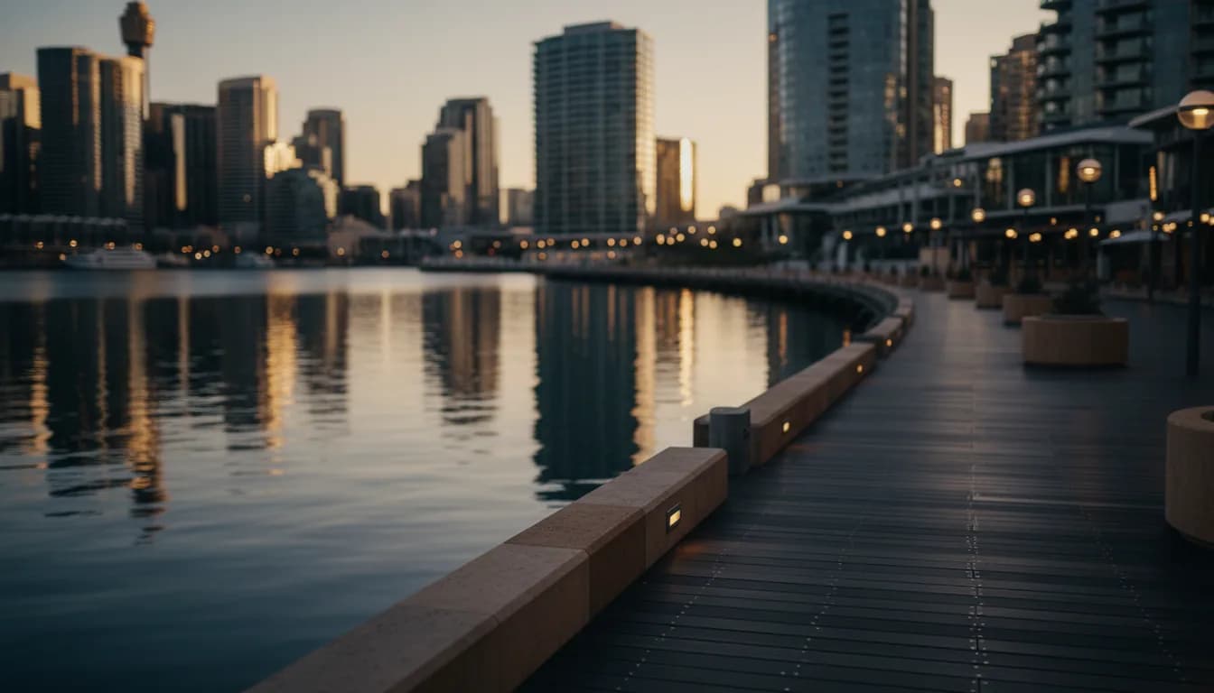 Pyrmont waterfront and Darling Harbour boardwalk at dusk