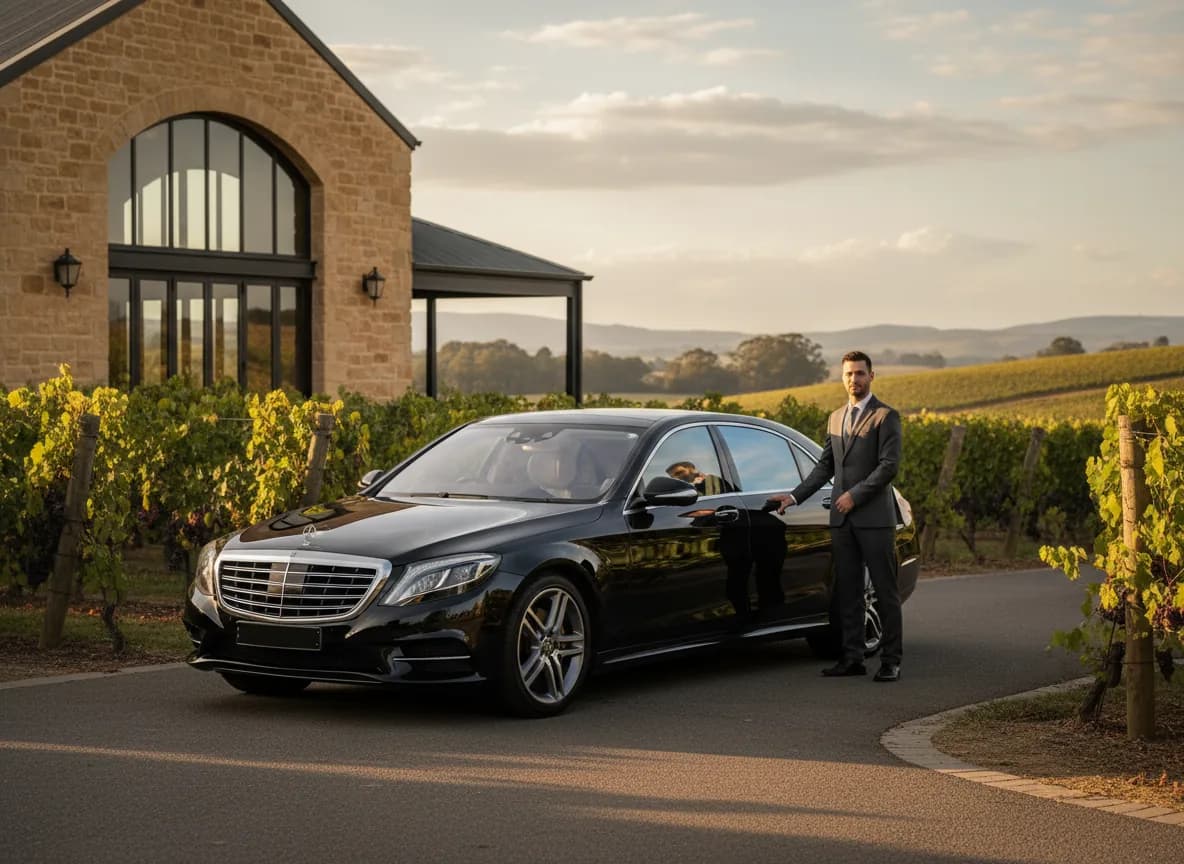 Luxury sedan on a vineyard road in the Hunter Valley