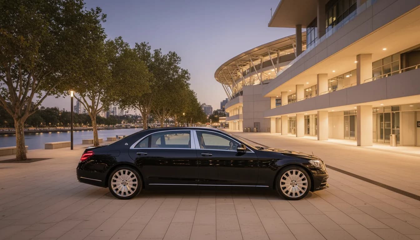Luxury sedan at a modern stadium concourse by the river at dusk