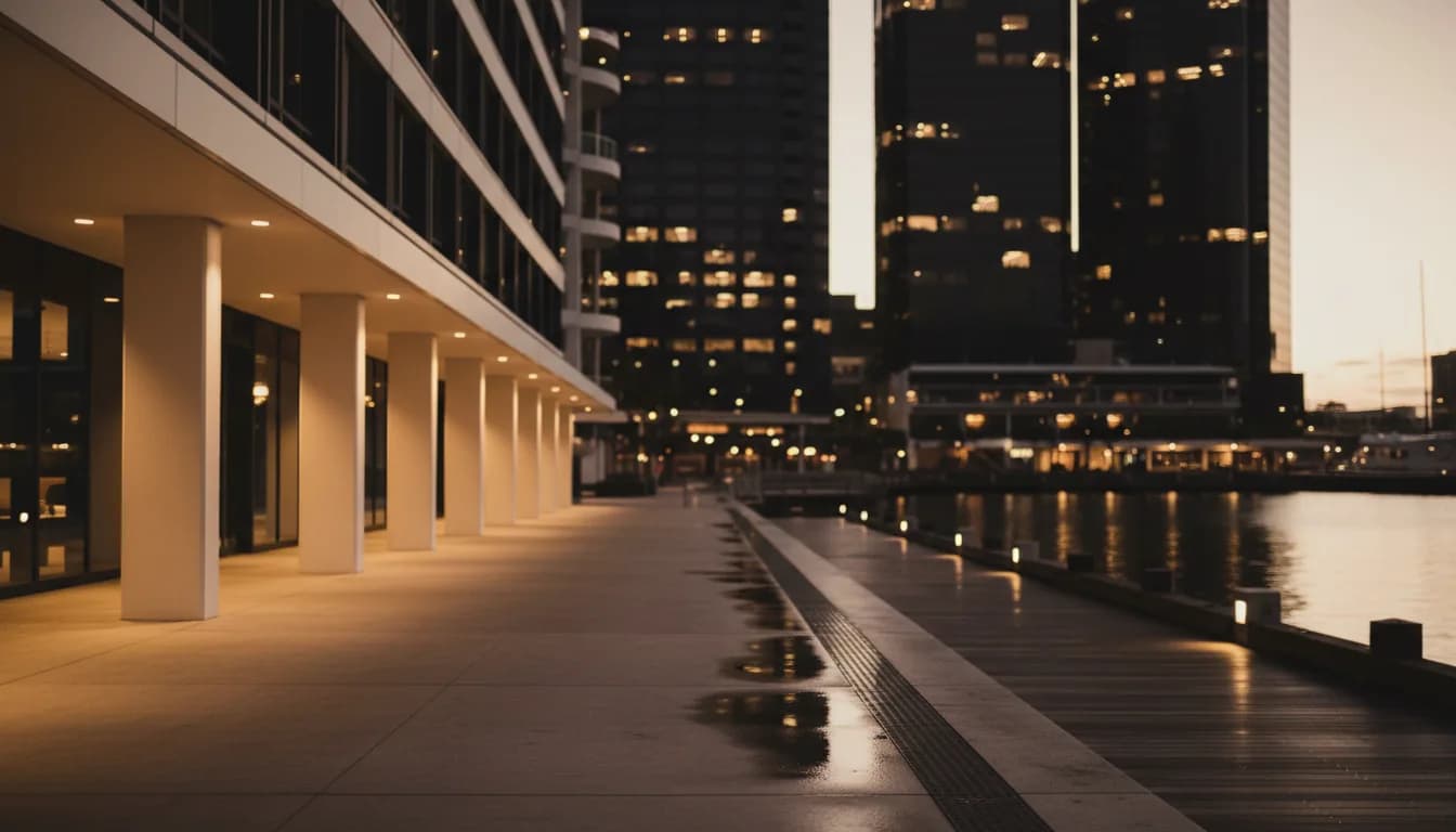 Modern hotel promenade on the Darling Harbour waterfront at dusk