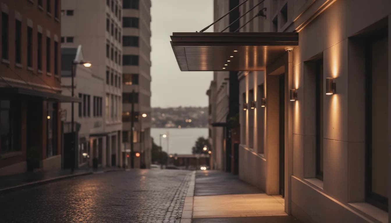 Discreet boutique hotel entrance on a quiet Pyrmont street at evening