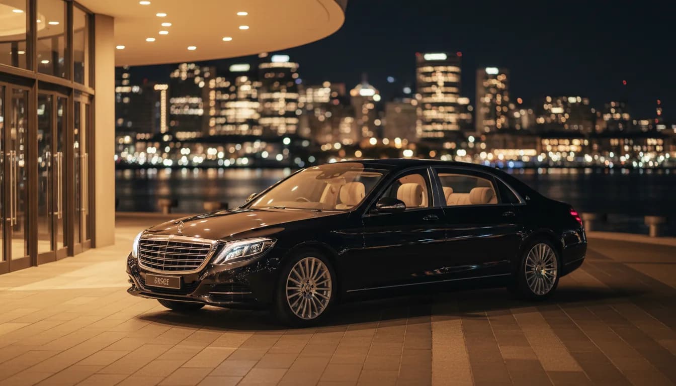 Luxury sedan at a harbourside entertainment venue at night
