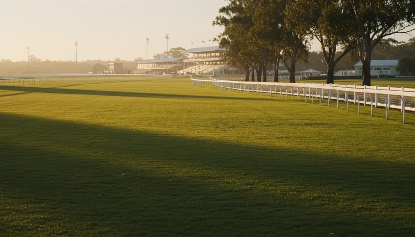 Golden-hour racecourse with running rail and grandstands
